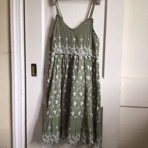 Jessica Simpson Olive Green Embroidered Spaghetti-Strap Sundress